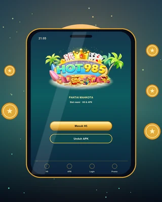 Ponsel menampilkan antarmuka H5 hot985 dengan logo resmi dan tombol Masuk H5 serta Unduh APK